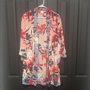 CAbi Pink Floral Open-Front Kimono with Coral & Navy Accents